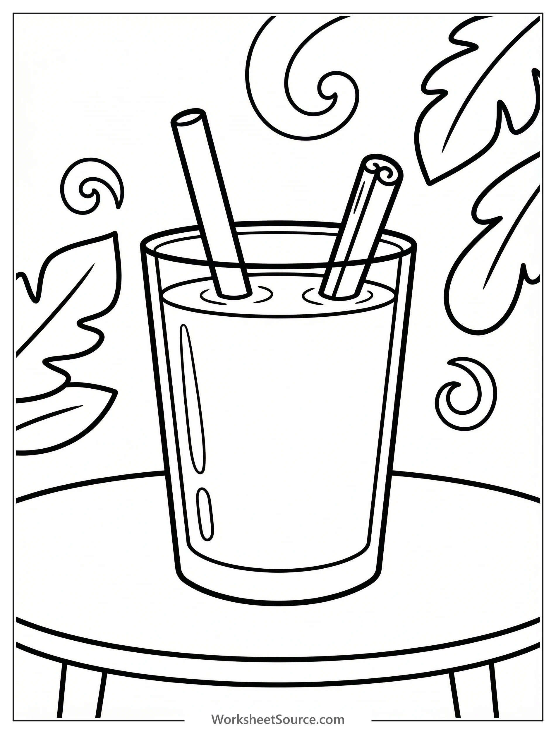 Clear black and white line art coloring page depicting a delicious horchata drink in a glass with ice, ready for creative coloring fun.