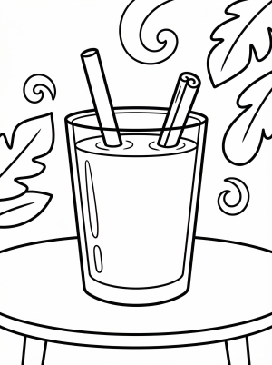 Clear black and white line art coloring page depicting a delicious horchata drink in a glass with ice, ready for creative coloring fun.