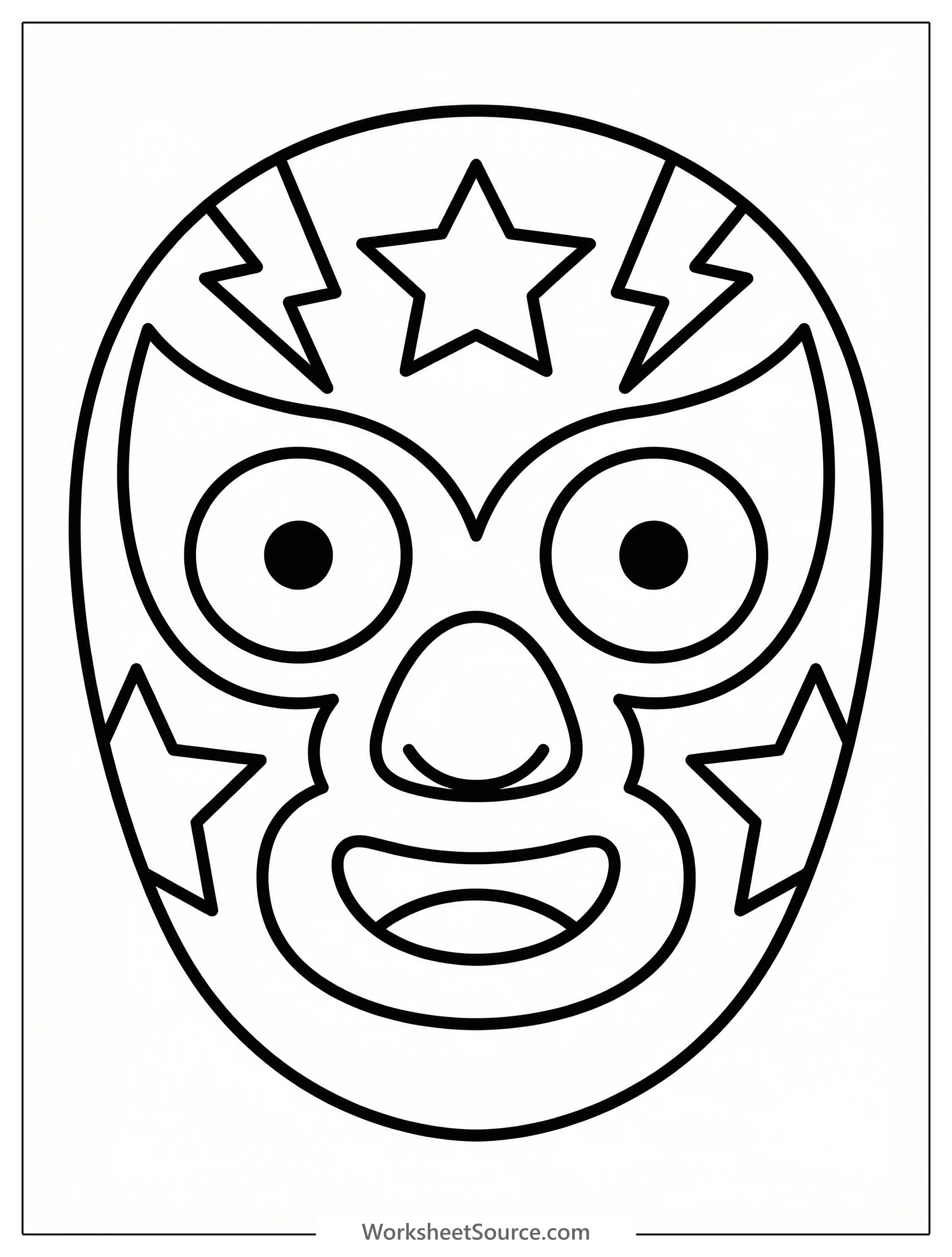 Detailed black and white line art coloring page featuring a traditional lucha libre mask design with intricate patterns, ready for creative coloring.