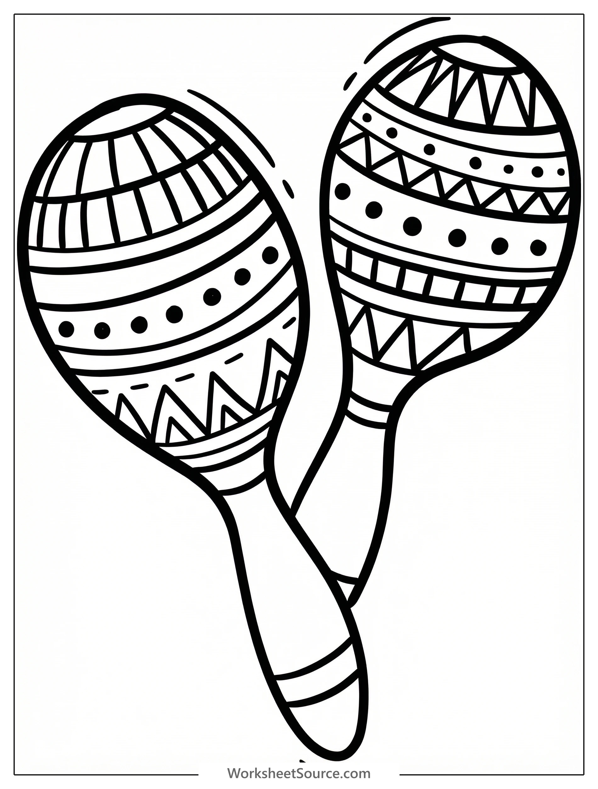 A clear black and white line art coloring page featuring two maracas adorned with intricate, culturally inspired designs, ready for vibrant coloring.