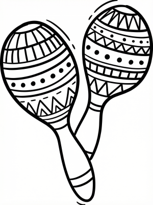 A clear black and white line art coloring page featuring two maracas adorned with intricate, culturally inspired designs, ready for vibrant coloring.