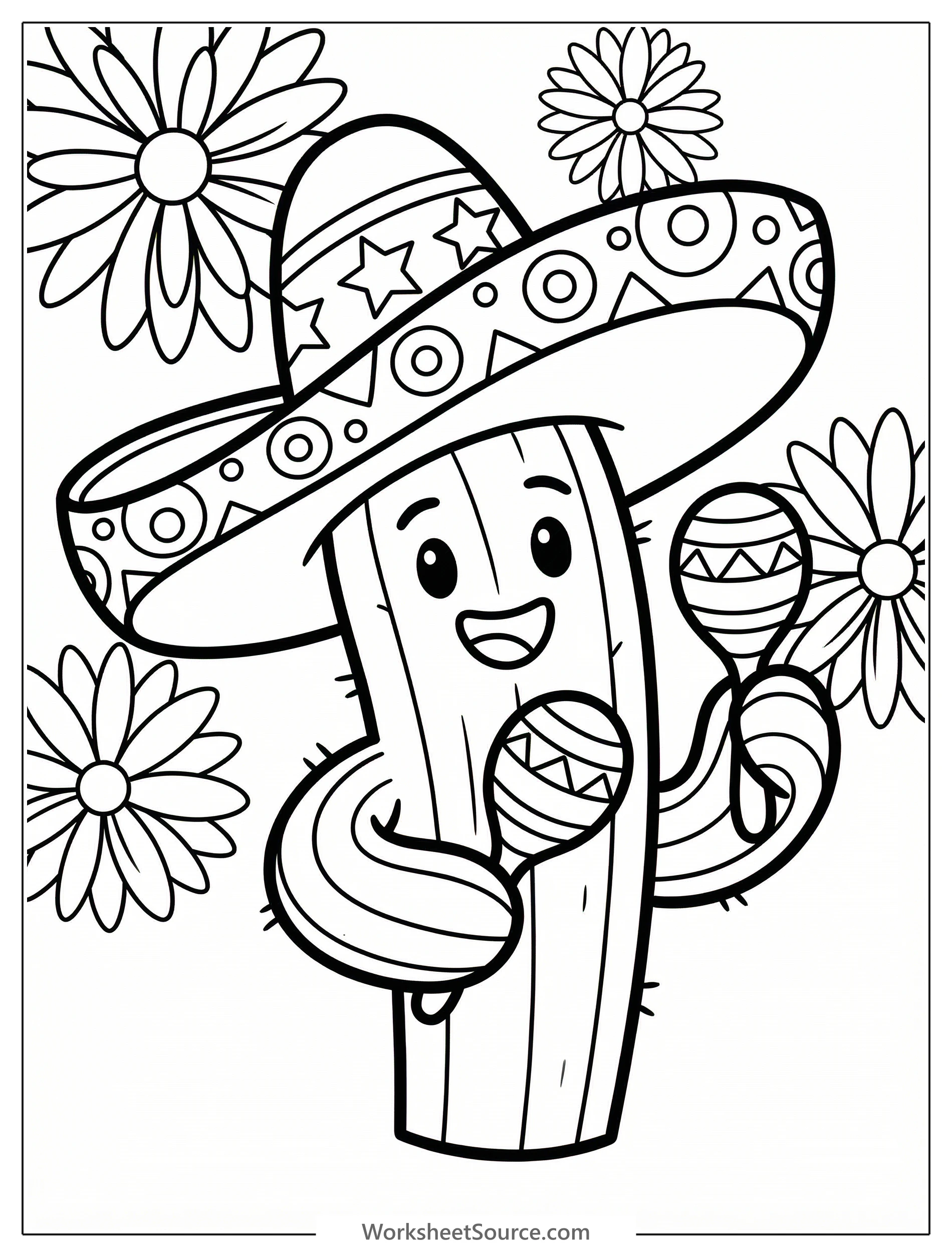 Clear black and white line art coloring page of a wide-brimmed mariachi hat, ready for creative coloring by young artists.