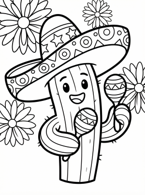 Clear black and white line art coloring page of a wide-brimmed mariachi hat, ready for creative coloring by young artists.