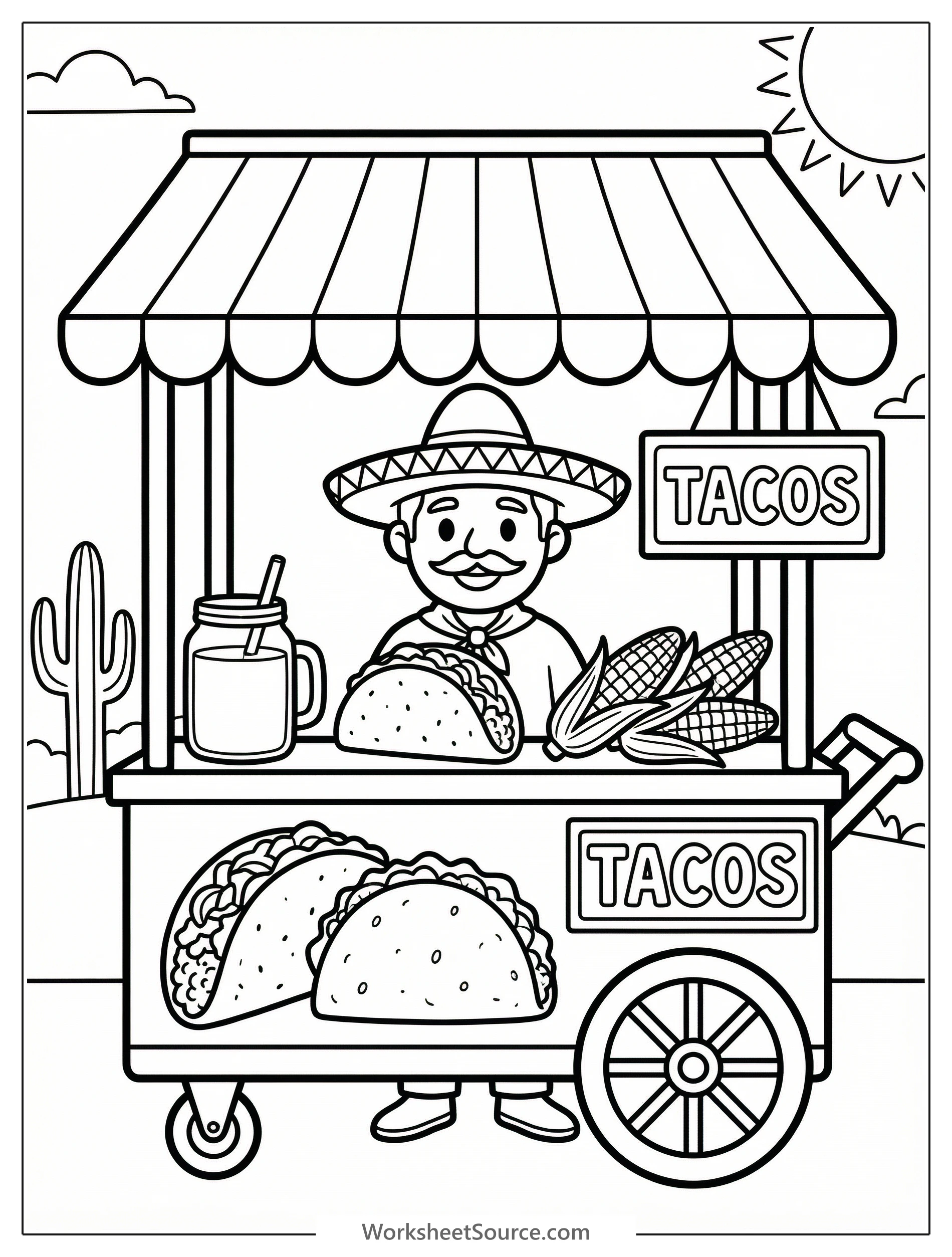 Black and white line art illustration of a cheerful Mexican street food stand with a vendor, tacos, churros, drinks, and decorative flags.