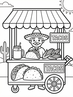 Black and white line art illustration of a cheerful Mexican street food stand with a vendor, tacos, churros, drinks, and decorative flags.