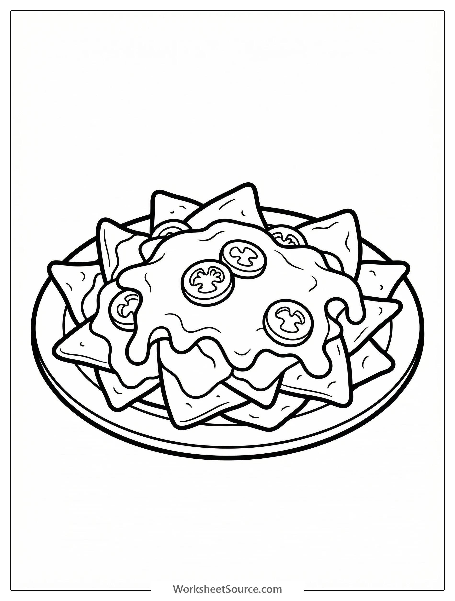 Clear black and white line art of a plate of nachos generously topped with melted cheese, numerous sliced jalapeño peppers, and a few corn chips.