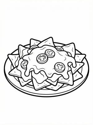 Clear black and white line art of a plate of nachos generously topped with melted cheese, numerous sliced jalapeño peppers, and a few corn chips.