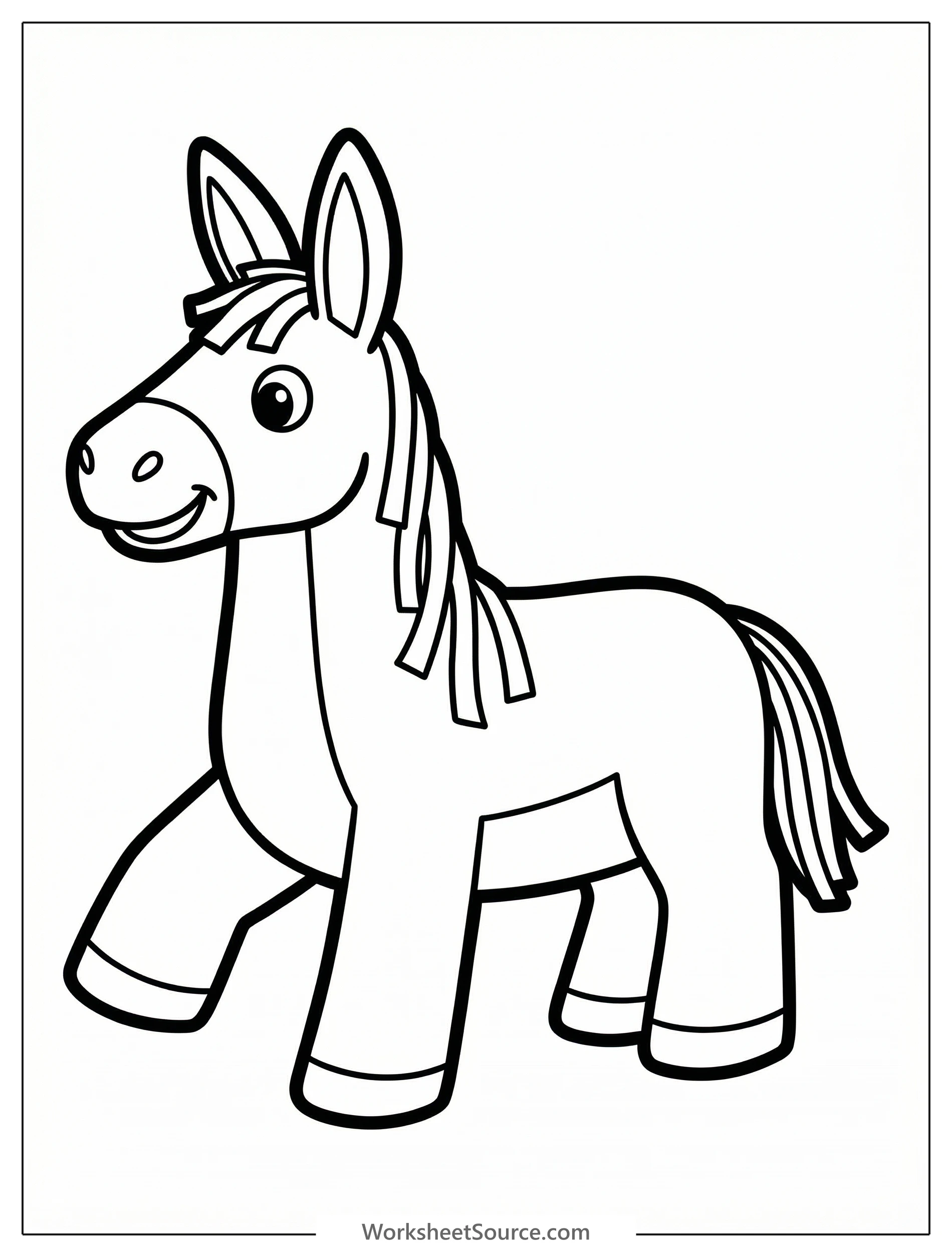 Clear black and white line art of a professionally designed donkey piñata coloring page, ready for vibrant colors. Features traditional details and a cheerful outline.