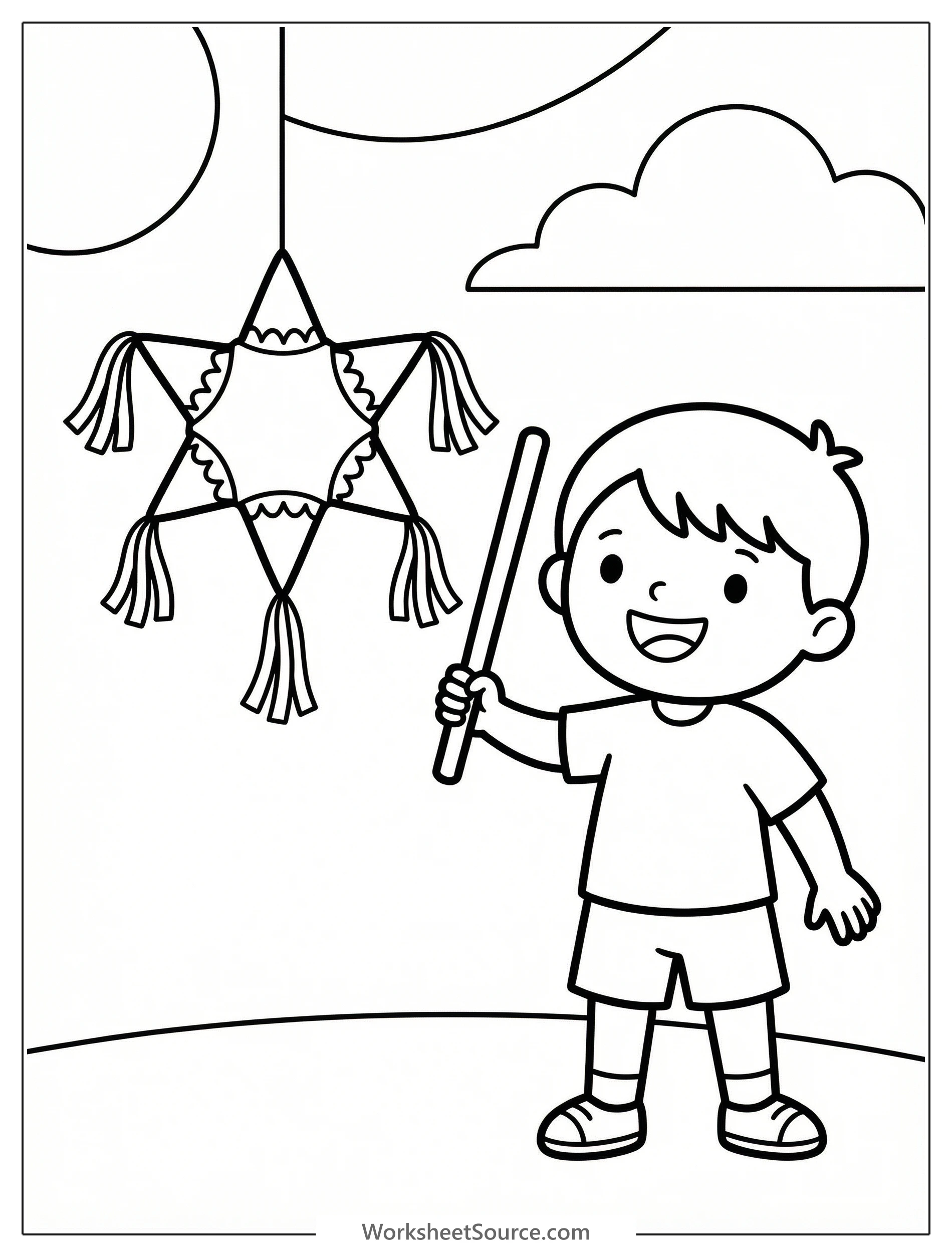 Black and white line art coloring page depicting a happy child holding a piñata stick. The star shaped piñata awaits vibrant colors for a celebration.
