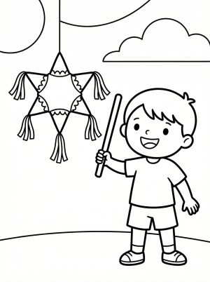 Black and white line art coloring page depicting a happy child holding a piñata stick. The star shaped piñata awaits vibrant colors for a celebration.