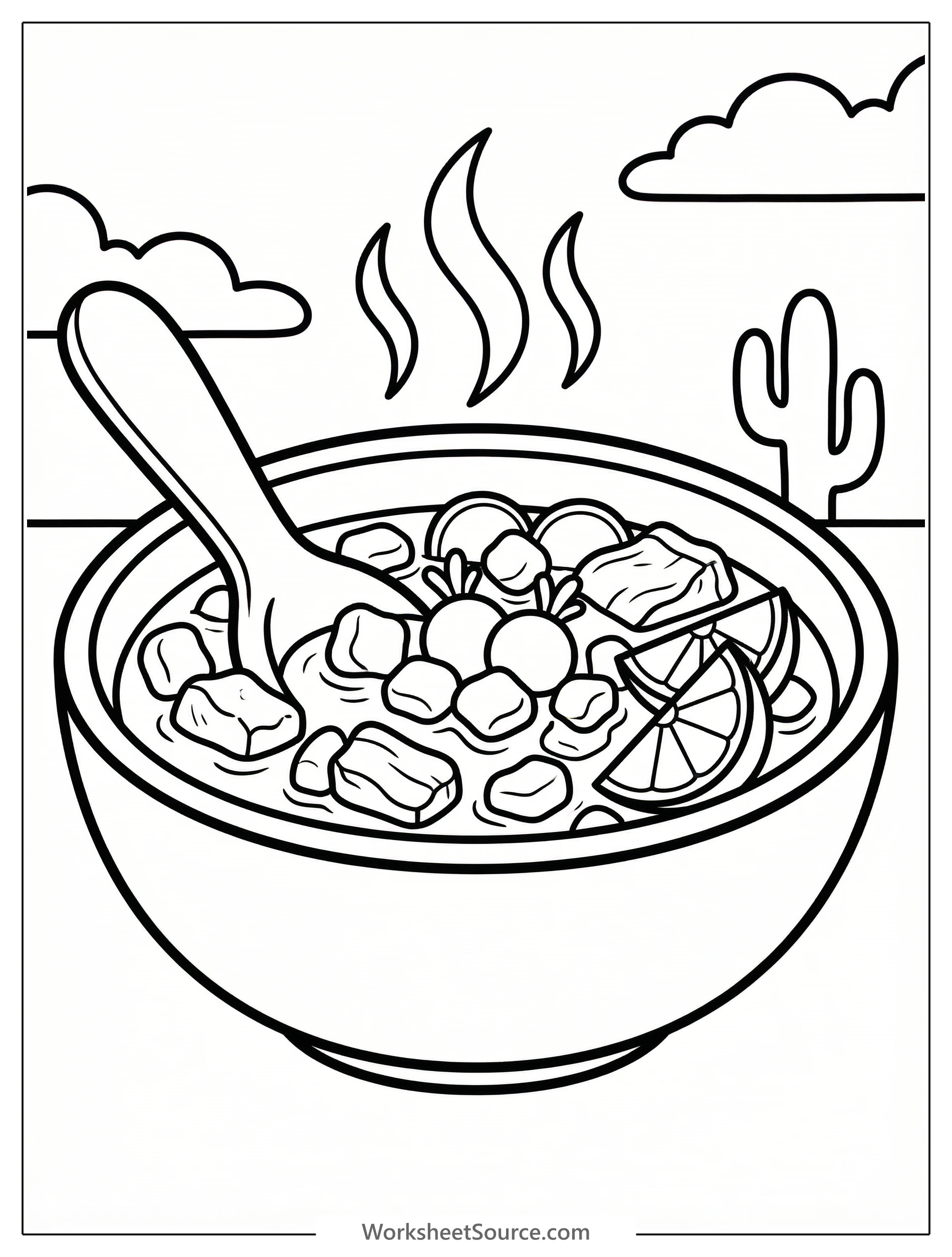 Clear black and white line art coloring page depicting a professionally designed pozole soup bowl with steam, ready for creative coloring.