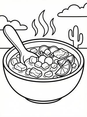 Clear black and white line art coloring page depicting a professionally designed pozole soup bowl with steam, ready for creative coloring.