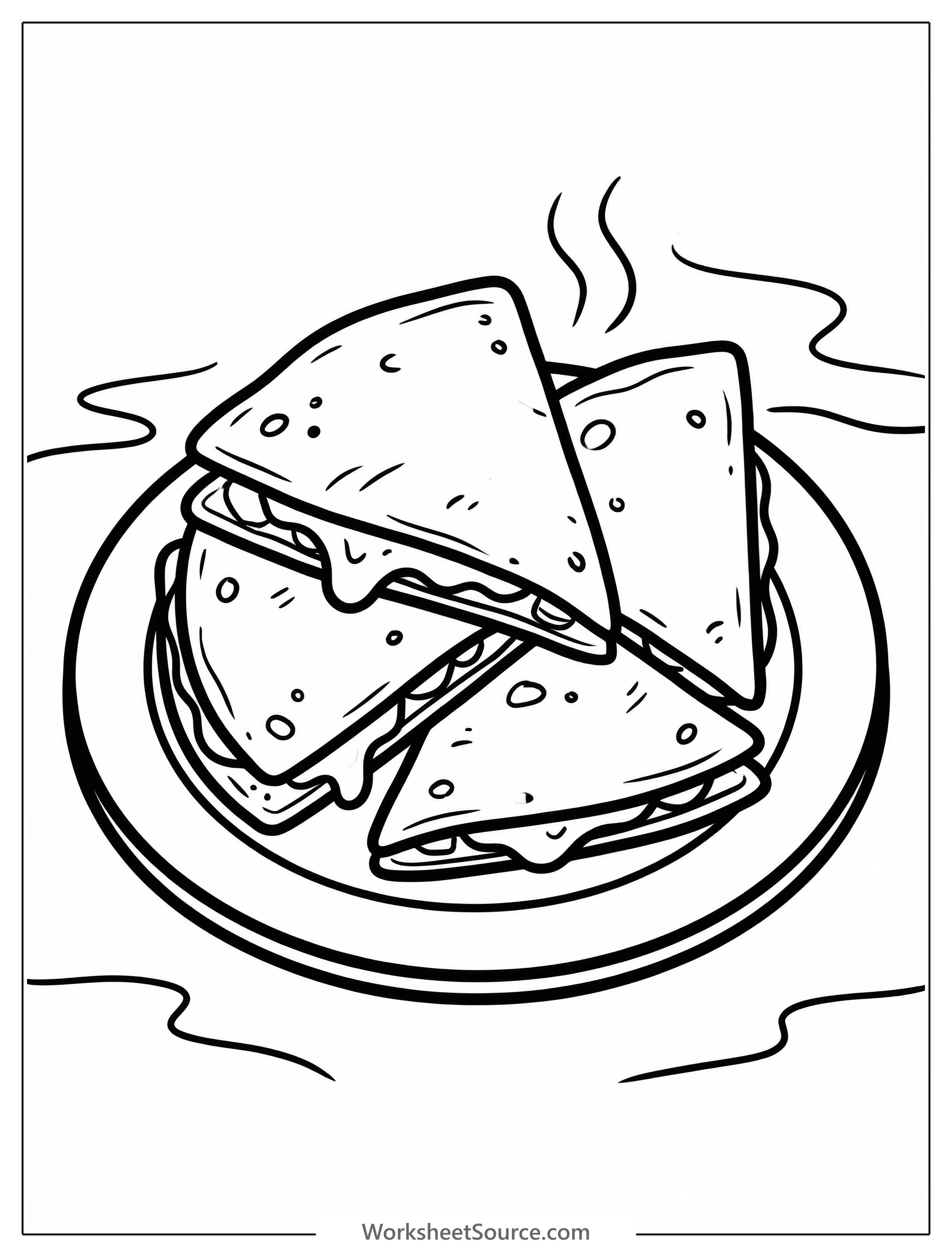 Clear black and white line art coloring page featuring three slices of a cheesy quesadilla, neatly arranged on a plate with steam lines.