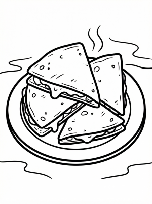 Clear black and white line art coloring page featuring three slices of a cheesy quesadilla, neatly arranged on a plate with steam lines.