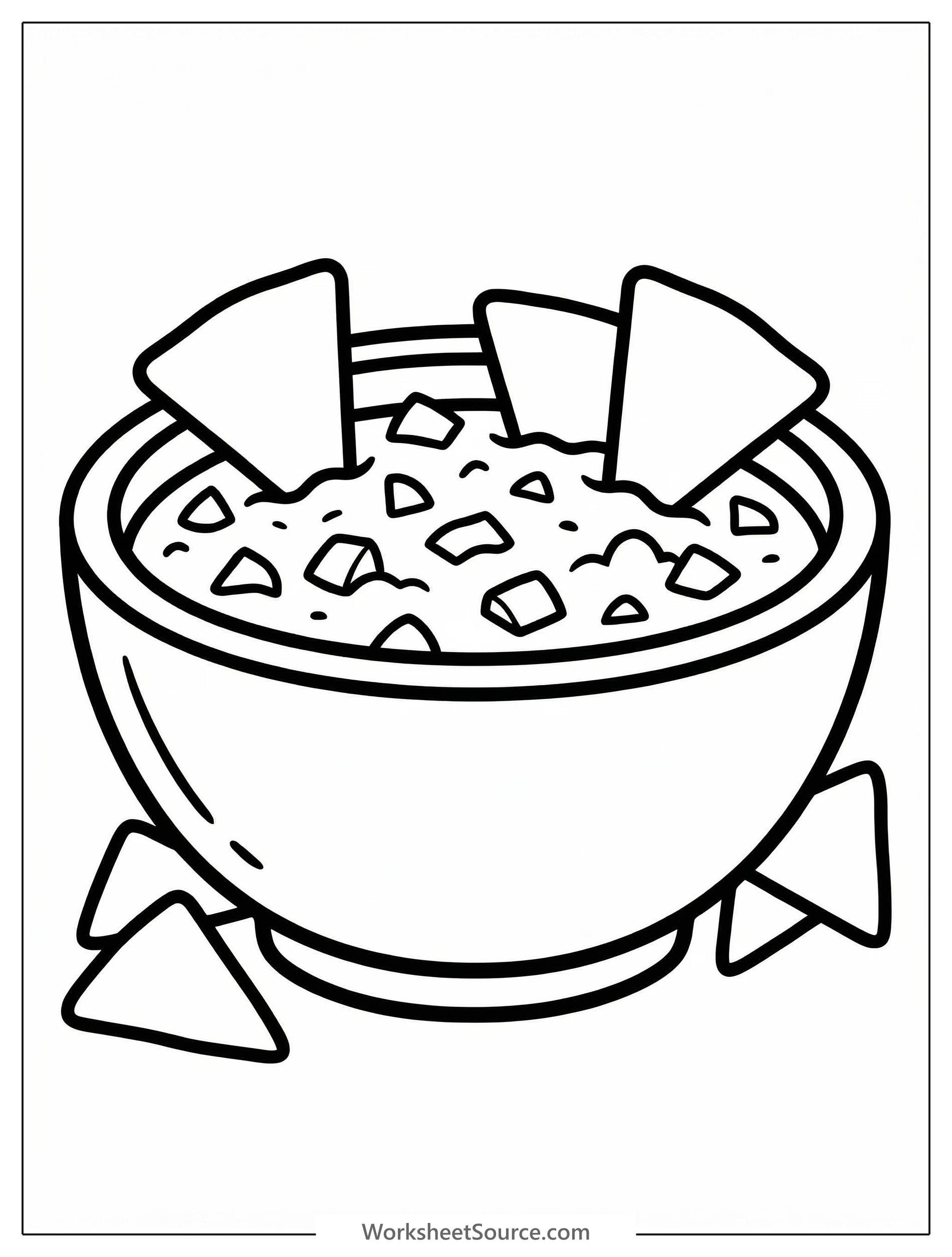 Clear black and white line art of a festive salsa bowl filled with dip, surrounded by an assortment of tortilla chips. Professional coloring page design.