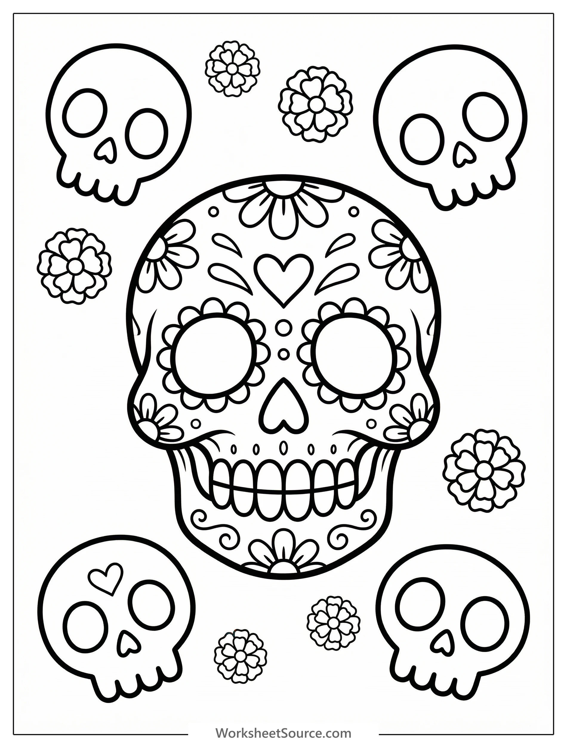 Intricately designed black and white line art coloring page featuring smiling sugar skulls adorned with flowers and patterns, ready for celebration.