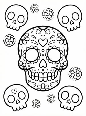 Intricately designed black and white line art coloring page featuring smiling sugar skulls adorned with flowers and patterns, ready for celebration.