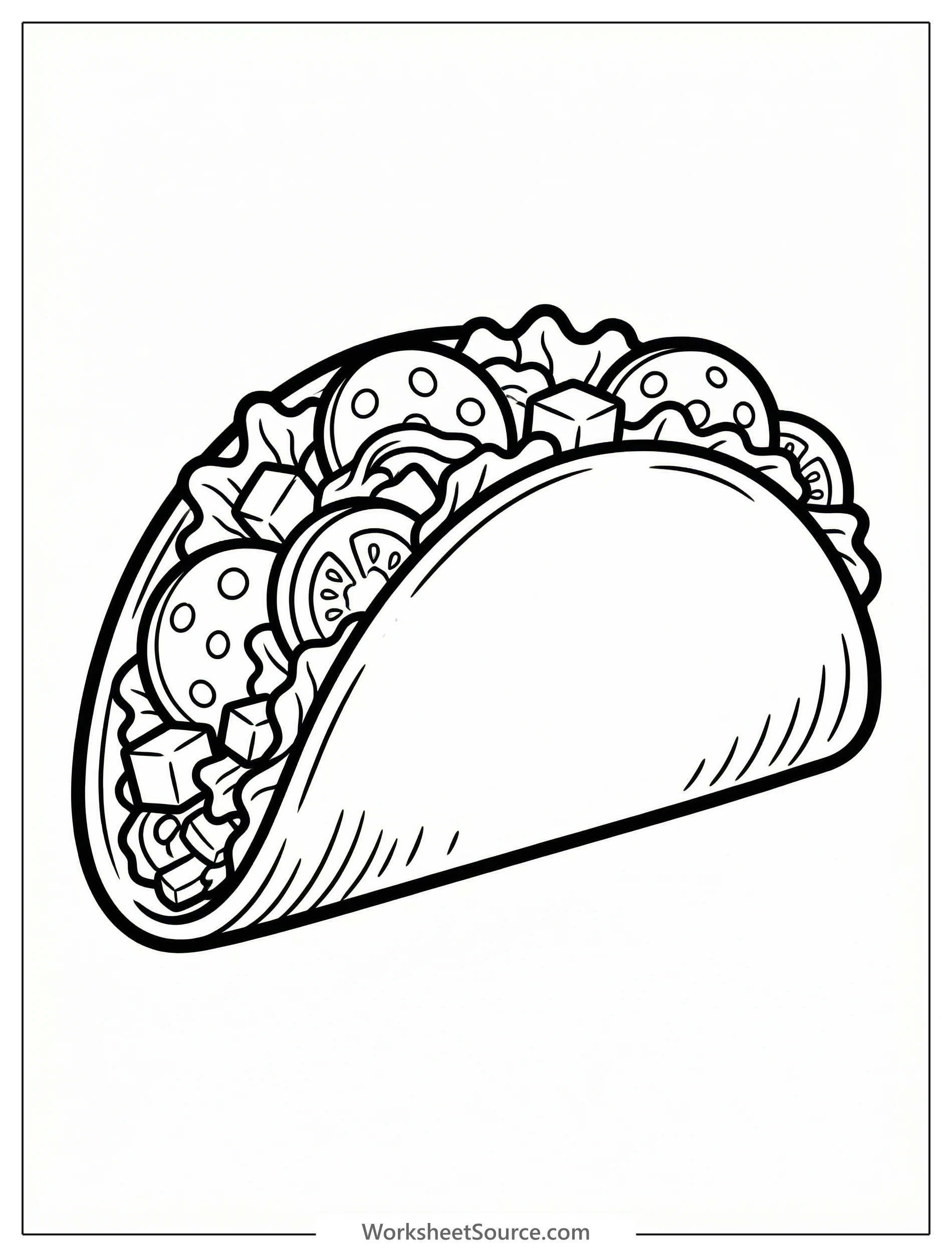 Clear black and white line art coloring page depicting a delicious taco overflowing with various toppings like lettuce, cheese, tomatoes, and meat.