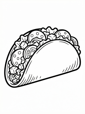Clear black and white line art coloring page depicting a delicious taco overflowing with various toppings like lettuce, cheese, tomatoes, and meat.