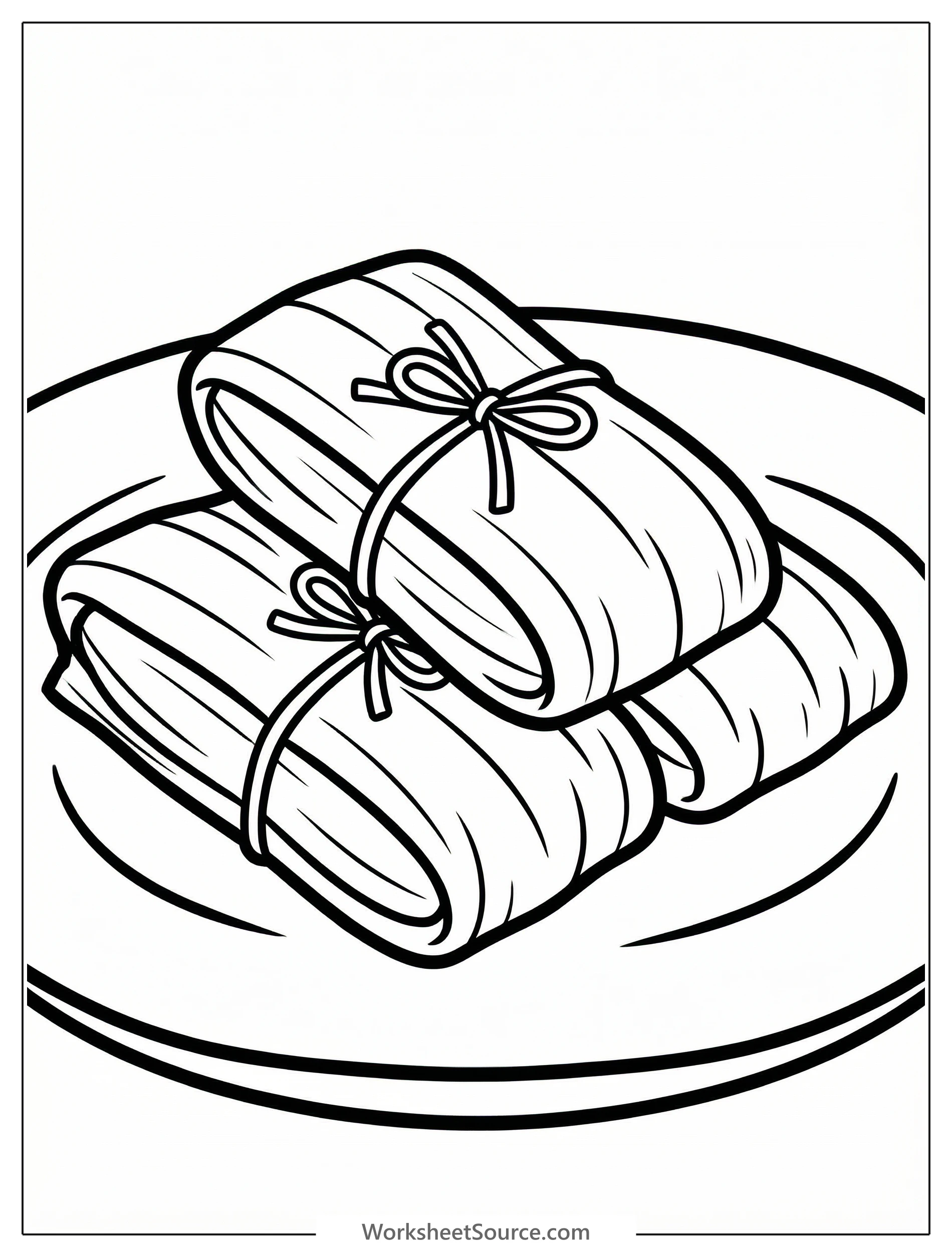 Clear black and white line art of several tamales wrapped in corn husks, ready for coloring. Professional, inviting design.