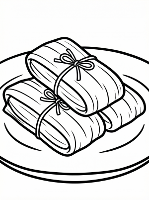 Clear black and white line art of several tamales wrapped in corn husks, ready for coloring. Professional, inviting design.