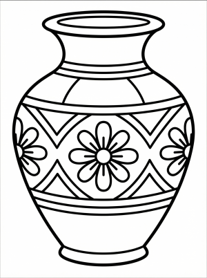 Black and white line art coloring page featuring intricate traditional pottery designs, showcasing geometric patterns and cultural motifs ready for creative coloring.