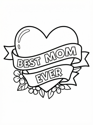 A clear black and white line art coloring page featuring a 'Best Mom Ever' banner design with decorative elements and a heart, ready for creative coloring.