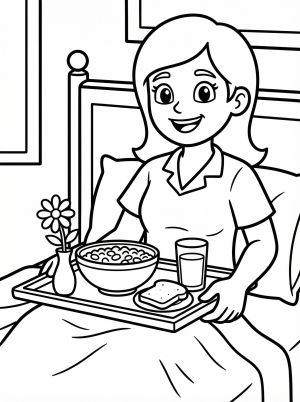 A heartwarming breakfast in bed coloring page featuring a tray with a heart shaped waffle, juice, flowers, and a card next to a sleeping mom.