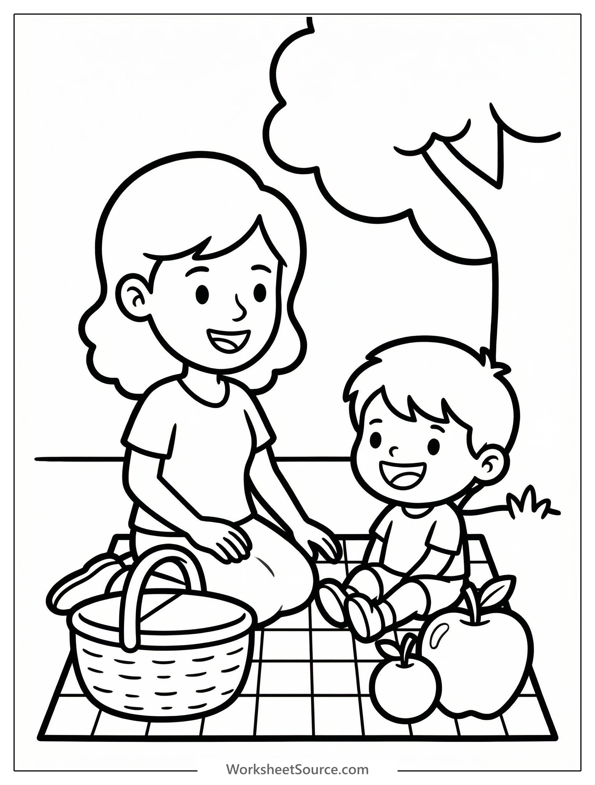 Professional black and white line art coloring page showing a mother and child enjoying a picnic outdoors on a checkered blanket with a basket nearby, trees in background.