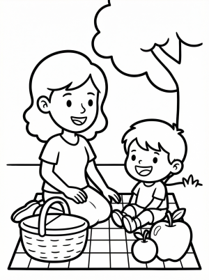 Professional black and white line art coloring page showing a mother and child enjoying a picnic outdoors on a checkered blanket with a basket nearby, trees in background.