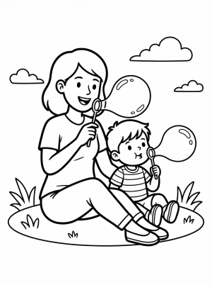 Clear black and white line art of a smiling mother and child blowing bubbles outdoors, ready for coloring. Professional design for creative play.