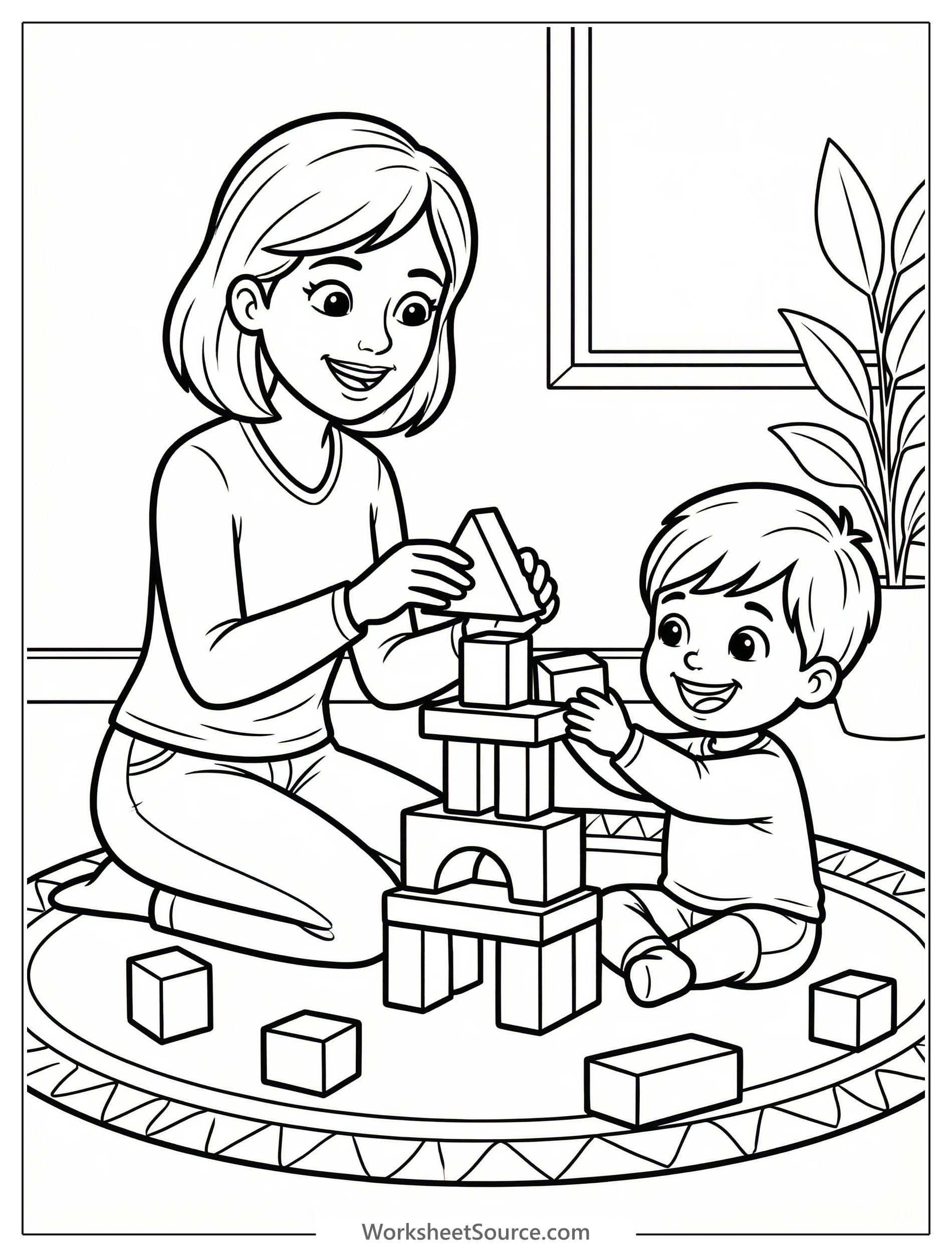 Black and white line art coloring page depicting an adult and a young person happily constructing a tall tower with various building blocks.
