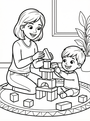 Black and white line art coloring page depicting an adult and a young person happily constructing a tall tower with various building blocks.