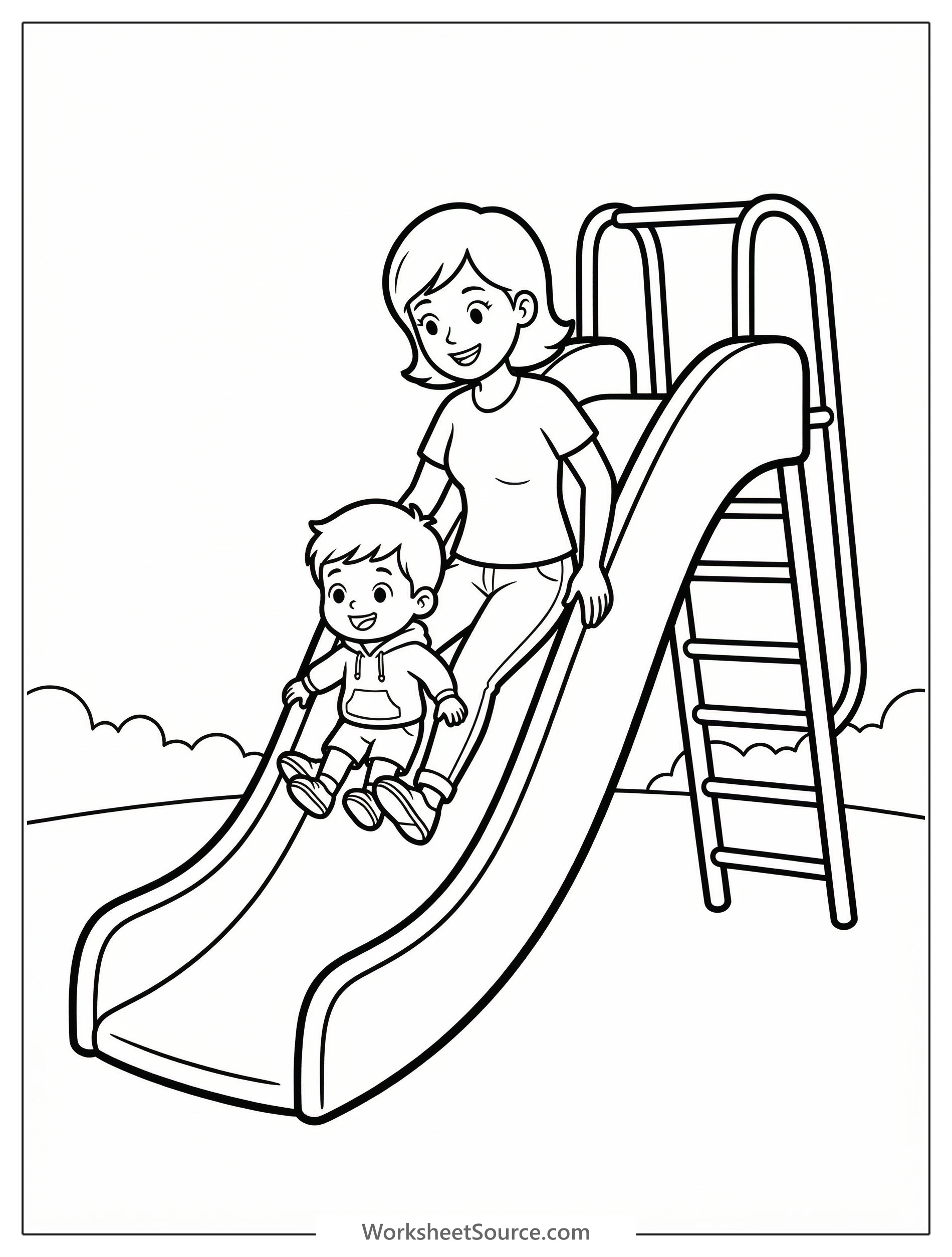 Black and white line art coloring page showing a mother and child smiling as they joyfully go down a playground slide, professionally designed.