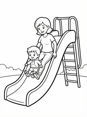 Black and white line art coloring page showing a mother and child smiling as they joyfully go down a playground slide, professionally designed.