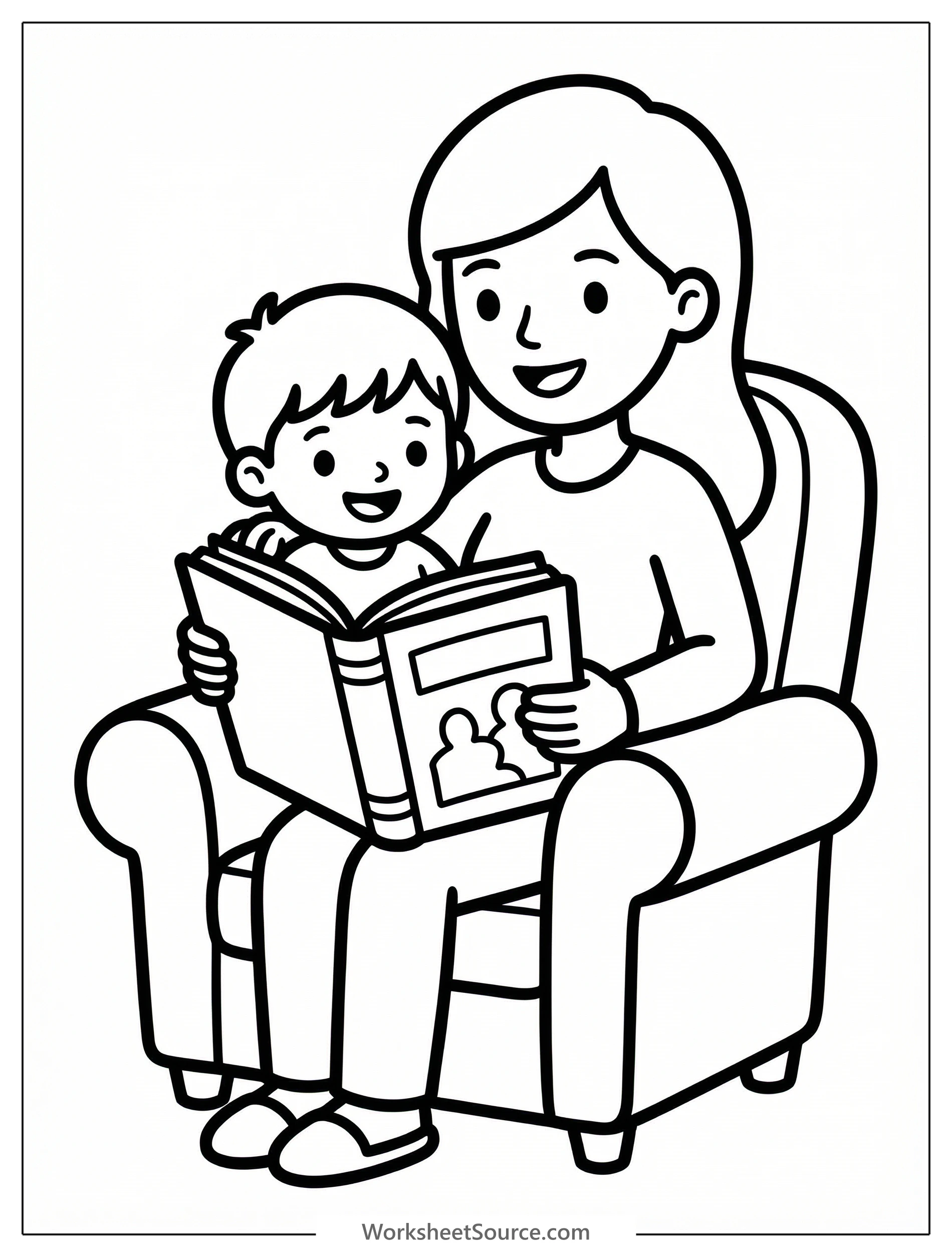 Black and white line art coloring page depicting a mother and a young child sitting together, both looking at an open book, suitable for coloring.