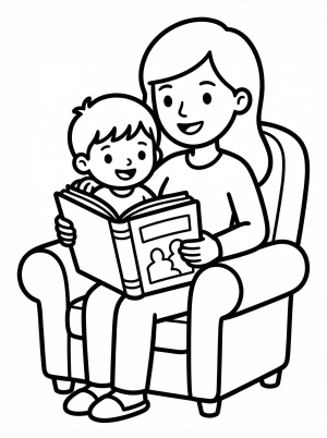 Black and white line art coloring page depicting a mother and a young child sitting together, both looking at an open book, suitable for coloring.