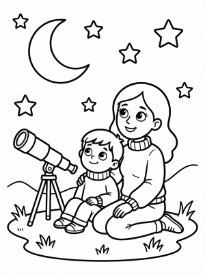Black and white line art coloring page showing a mom and child sitting together, gazing up at a night sky filled with stars and a crescent moon.