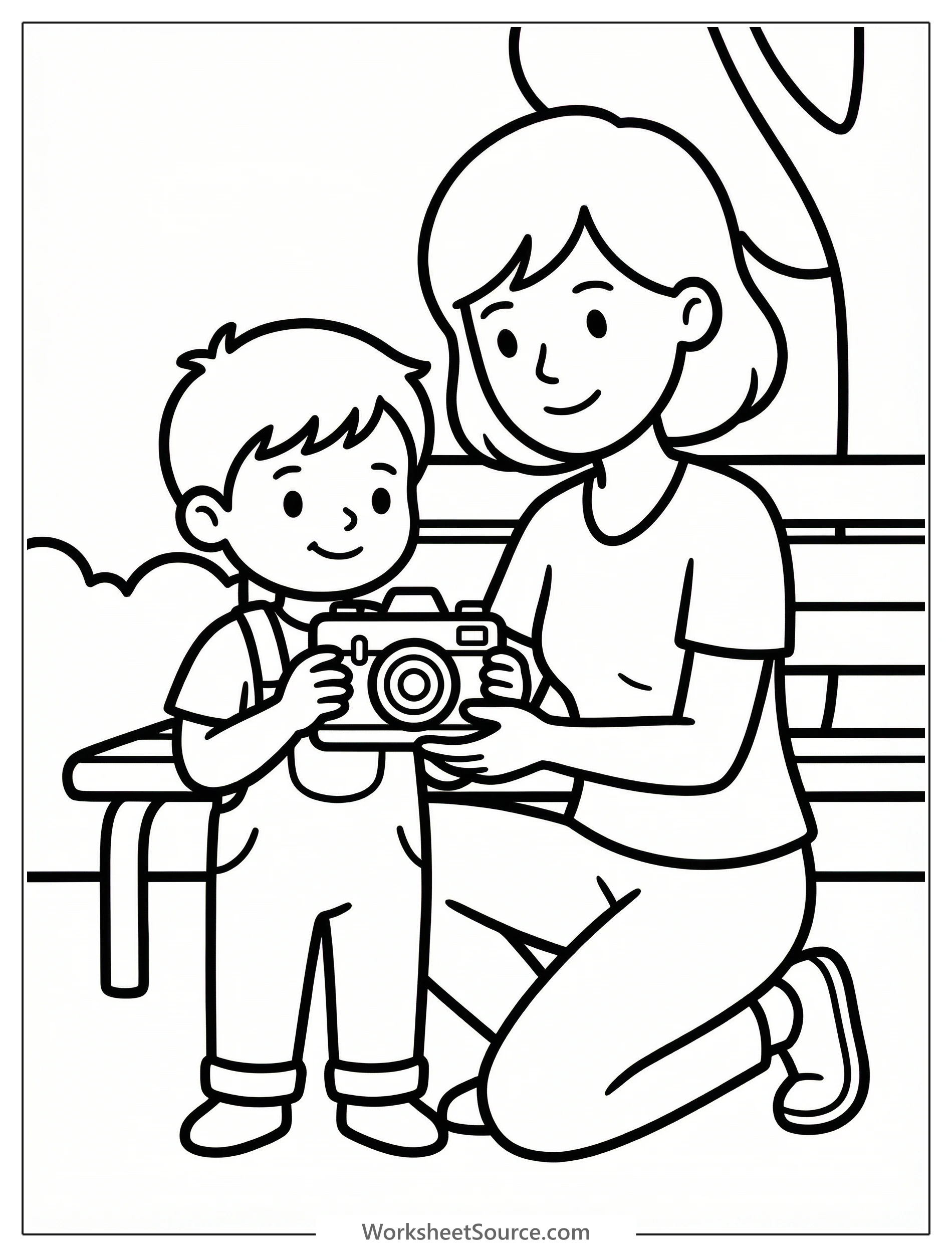 Clear black and white line art coloring page showing a mom and a child together, with the child holding a camera, ready to take a picture.