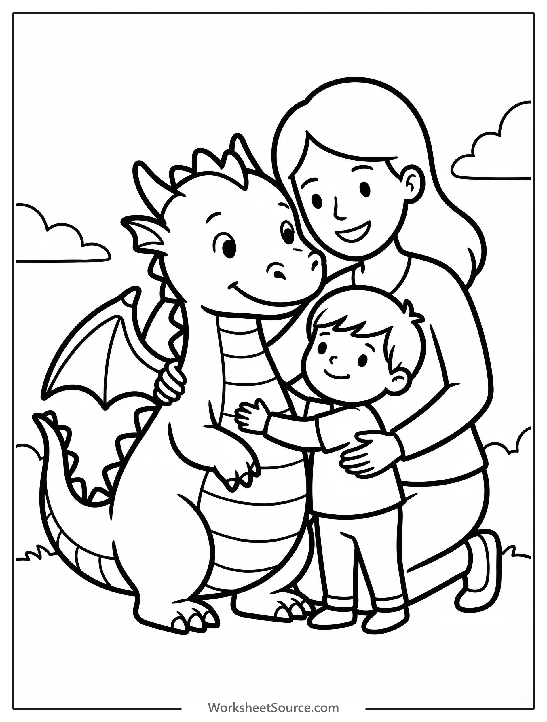 Black and white line art coloring page showing a nurturing mom dragon gently cuddling her baby dragon. The scene encourages creativity and fine motor development for young artists.