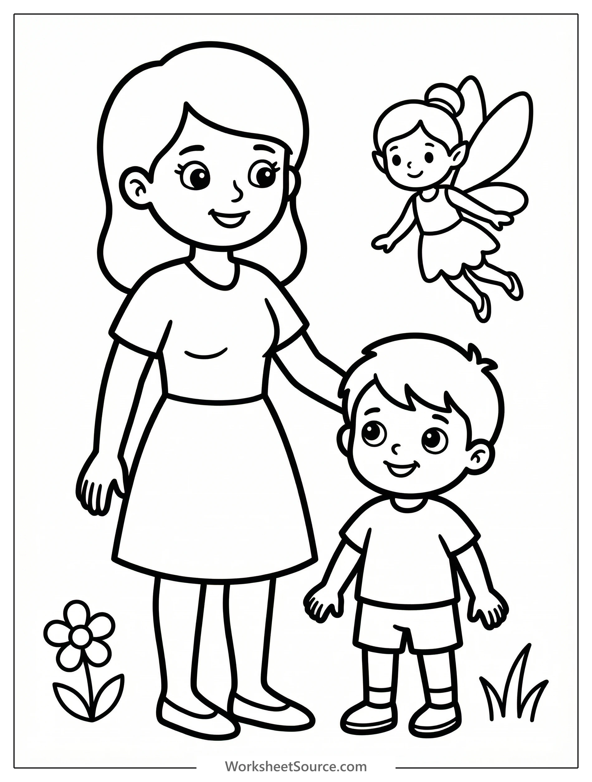A black and white line art coloring page depicting a joyful mother embracing her child, with a graceful fairy hovering nearby. Professional design.