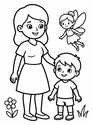 A black and white line art coloring page depicting a joyful mother embracing her child, with a graceful fairy hovering nearby. Professional design.