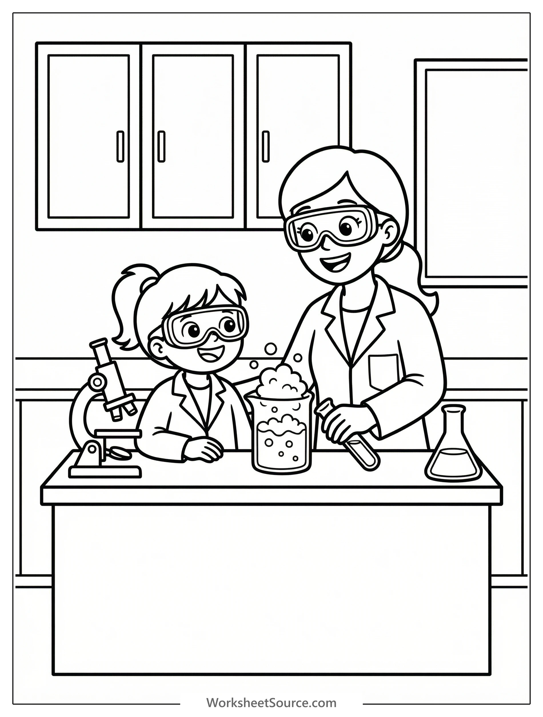 Black and white line art coloring page depicting a mother and child smiling in a science laboratory filled with beakers, flasks, and bubbling experiments.