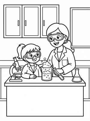Black and white line art coloring page depicting a mother and child smiling in a science laboratory filled with beakers, flasks, and bubbling experiments.