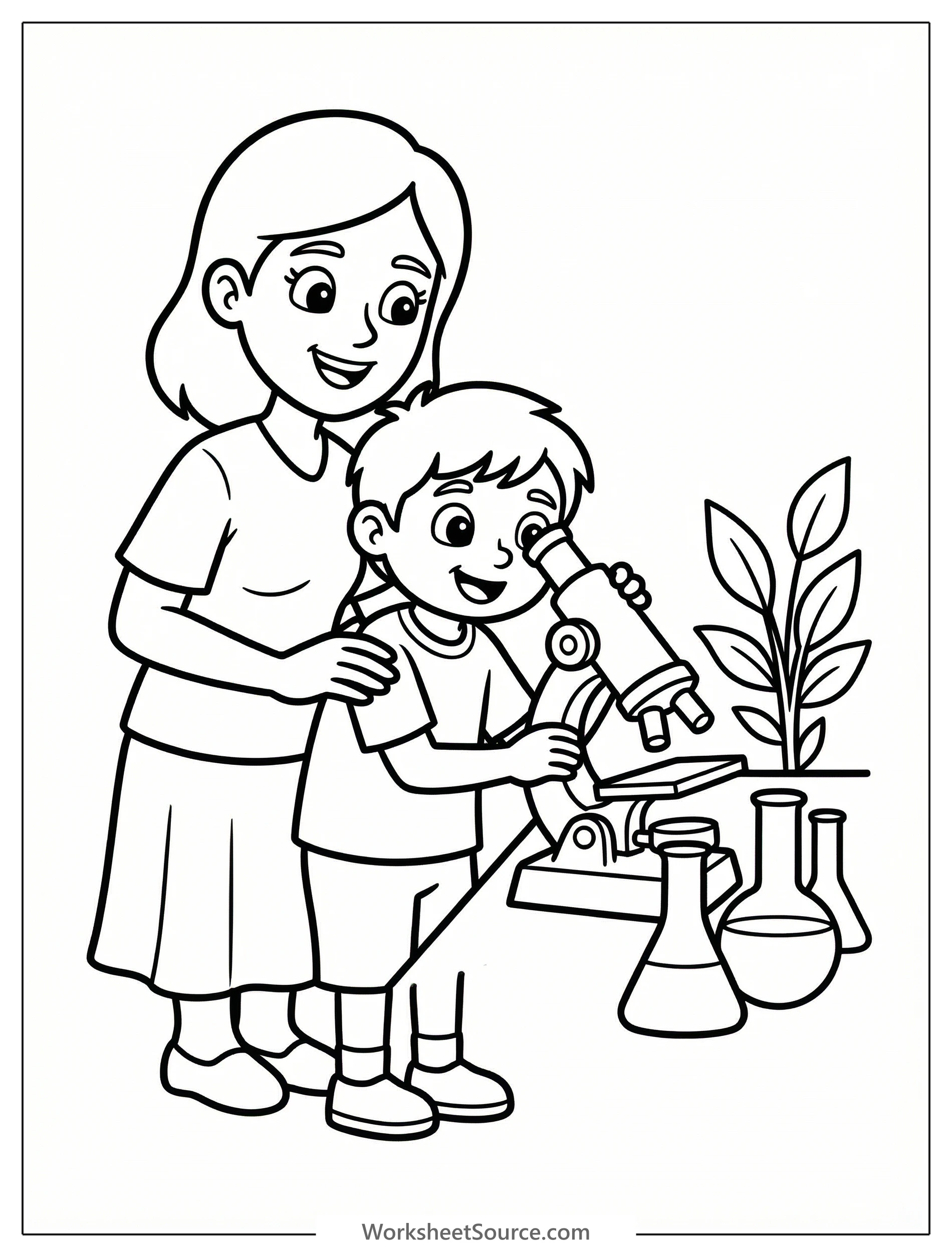 Clear black and white line art of a mom and child looking into a microscope together, designed as a professional coloring page.