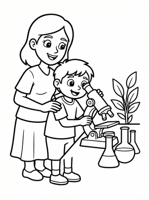 Clear black and white line art of a mom and child looking into a microscope together, designed as a professional coloring page.