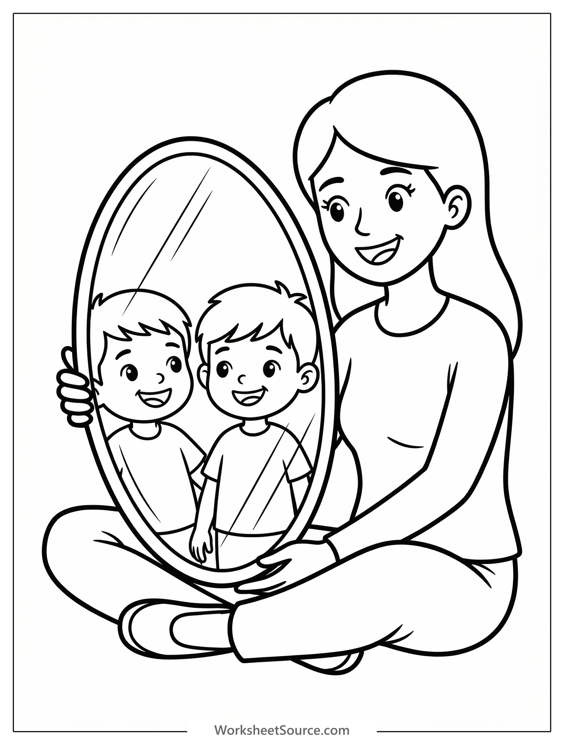 Clear black and white line art coloring page depicting a mother and a young person looking into a mirror together, surrounded by a simple decorative border.