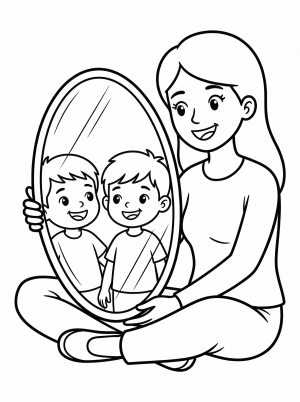 Clear black and white line art coloring page depicting a mother and a young person looking into a mirror together, surrounded by a simple decorative border.