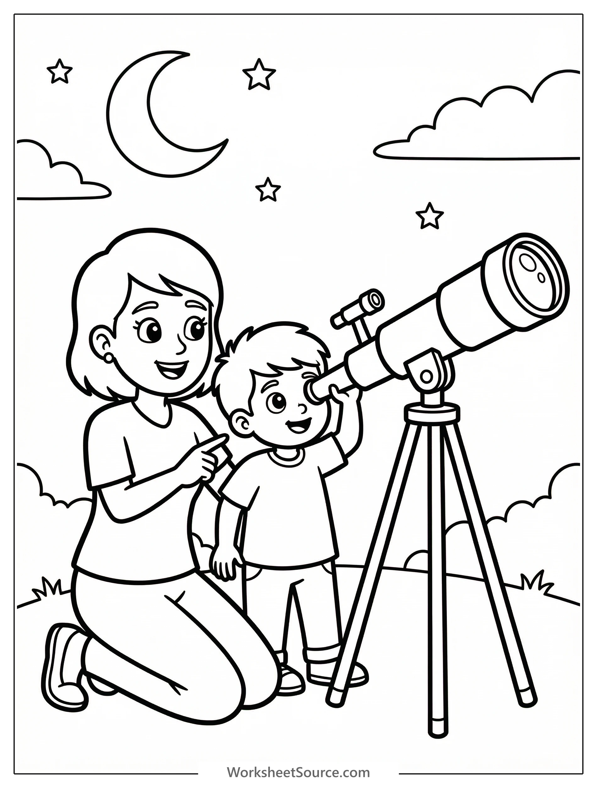 Black and white line art coloring page depicts a mother and child looking through a large telescope at night. The child points excitedly towards the sky.