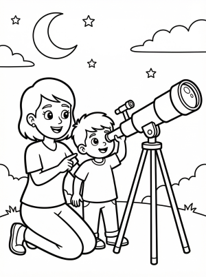 Black and white line art coloring page depicts a mother and child looking through a large telescope at night. The child points excitedly towards the sky.